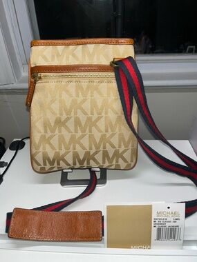 Michael Kors Beige MK Monogram Crossbody with Brown Trim and Black-Red Strap